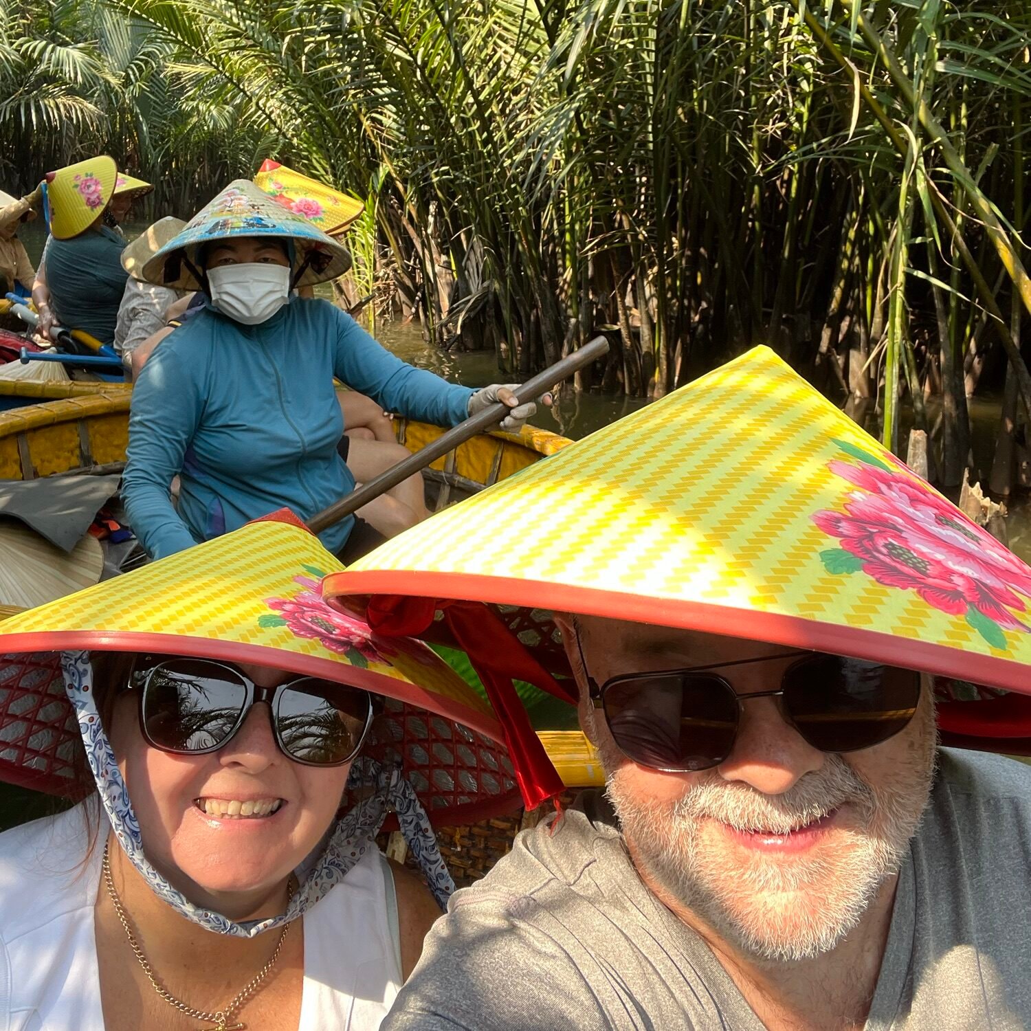 Dean and Pauline on the river in a basket boat near Hoi An